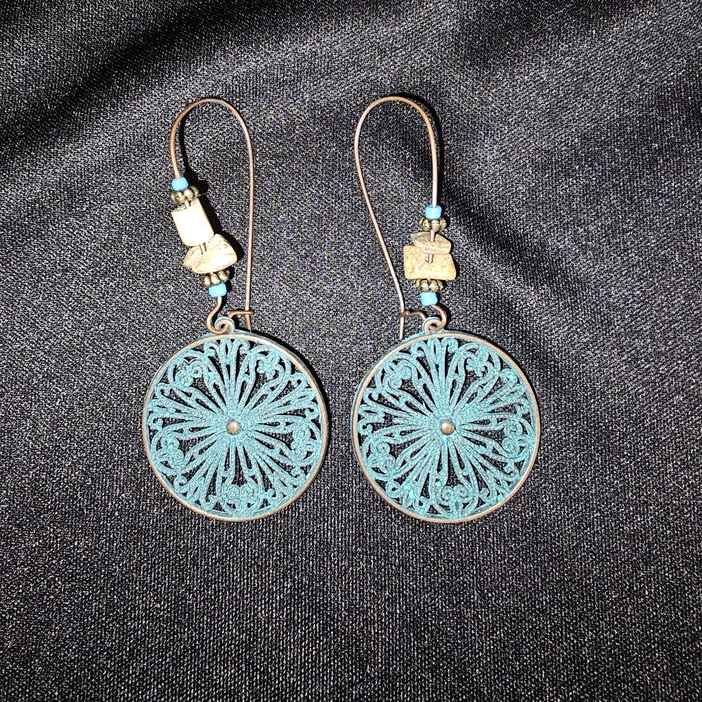 Teal Turquoise Drop Filligree Boho Earrings
